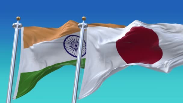 4k sans couture Drapeaux du Japon et de l'Inde avec fond bleu ciel, JP, IND. — Video