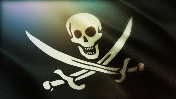 4k Looping pirata bandeira crânio com bandeira acenando vento sem costura loop fundo — Vídeo de Stock
