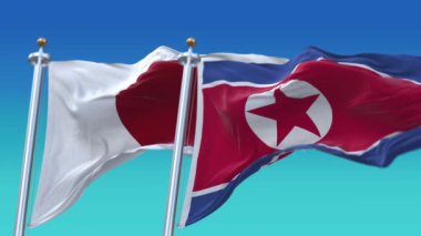 4k Kusursuz Japonya ve Kuzey Kore Bayrakları mavi gökyüzü arkaplanlı, JP.