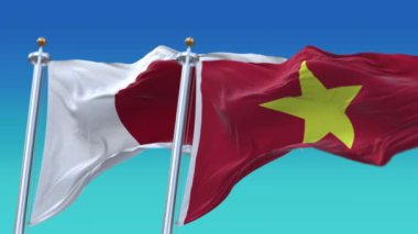4k Kusursuz Japon ve Vietnam Bayrakları mavi gökyüzü arkaplanlı, JP.