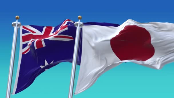 4k Bezešvé Japonsko a Austrálie vlajky s modrým nebem pozadí, JP. — Stock video