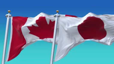 4k Kusursuz Japonya ve Kanada Bayrakları mavi gökyüzü arkaplanlı, JP.
