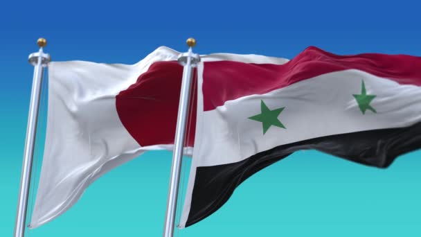 4k Nahtloses Japan und Syrien Flaggen mit blauem Himmel Hintergrund, JP. — Stockvideo