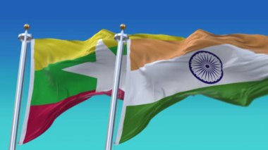 4k Kusursuz Hindistan ve Myanmar Bayrakları mavi gökyüzü arkaplanlı, JP, IND.