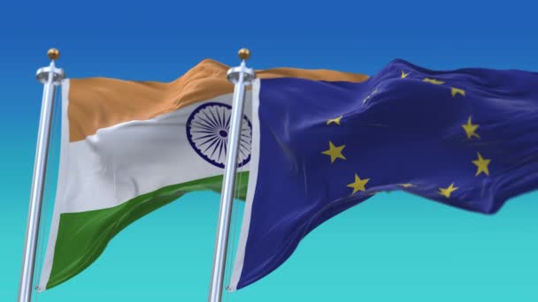 4k Płynne flagi Indii i Unii Europejskiej z niebieskim tle nieba, JP, IND. — Wideo stockowe