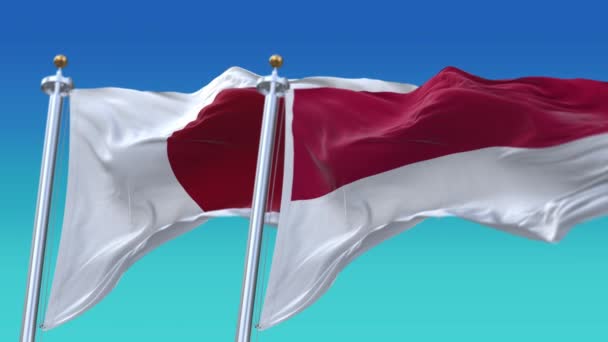 4k Płynne flagi Japonii i Indonezji z niebieskim tle nieba, JP. — Wideo stockowe