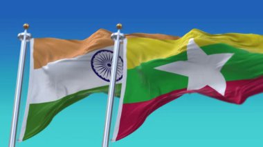 4k Kusursuz Hindistan ve Myanmar Bayrakları mavi gökyüzü arkaplanlı, JP, IND.