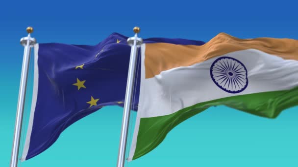 4k Kusursuz Hindistan ve Avrupa Birliği Bayrakları mavi gökyüzü arkaplanlı, JP, IND. — Stok video