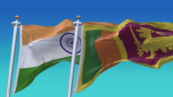 4k Płynne flagi Indii i Sri Lanki z niebieskim tle nieba, JP, IND. — Wideo stockowe