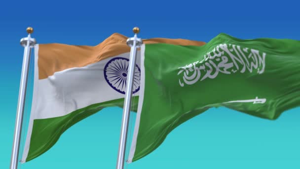4k sömlös Indien och Saudiarabien flaggor med blå himmel bakgrund, JP, IND. — Stockvideo