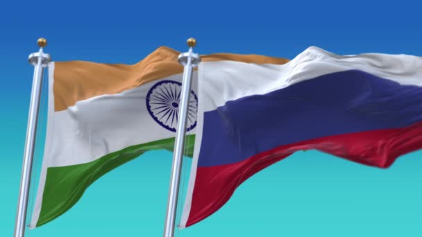 4k Naadloze India en Rusland Vlaggen met blauwe lucht achtergrond, JP, IND. — Stockvideo