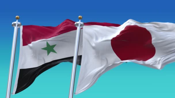 4k Płynna Japonia i Syria Flagi z niebieskim tle nieba, JP. — Wideo stockowe