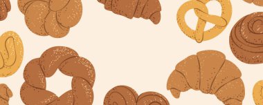 Ekmek ve hamur işleriyle dolu fırın afişi, menüler, reklamlar veya yemek promosyonları için mükemmel..