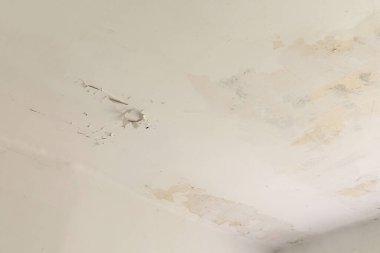 Eski bir binanın tavanında, belirgin boya ve lekelerle karakterize edilmiş aşınmalar görülüyor. Bu da uzun süreli ihmal ve bakımsızlığa işaret ediyor..