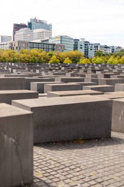 Berlin, Almanya - 1 Eylül 2025 Berlin 'de muazzam bir beton bloklar dizisi güçlü bir anıt oluşturuyor. Ağaçlar şehir manzarasının ortasında doğaya dokundukça açık gökyüzü manzarayı güzelleştiriyor.