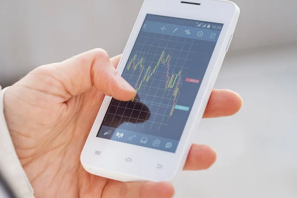 Parmak el ile mum grafiği mobil ticaret forex ya da hisse senedi uygulamadaki arabirimi aracınıza ticari smartphone ekran dokunaklı bir tüccar kapatın. Forex ve yatırım iş teknoloji kavramı