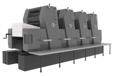 Baskı çözümleri: Endüstriyel ofset yazıcı dört-renkler beyaz arka plan üzerinde izole