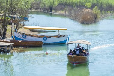 Virpazar, Karadağ, Mart, 24, 2019: karadağlı kasabasında Virpazar 'da şarap ve balıkların kamu Şenliği. Festival turistler ve misafirler güneşli bir bahar gününde Skadar Gölü üzerinde tekne vardır
