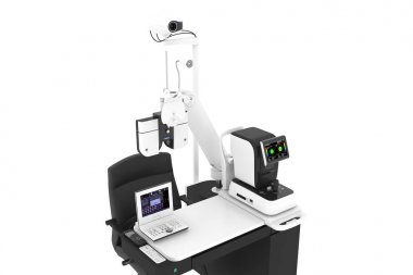 Foropter ile bir Oftalmolog iş yeri, beyaz arka planda izole oftalmik test cihazı makinesi