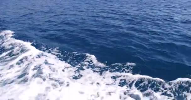 Розкішна яхта пливе в морі, великі пінисті хвилі розходяться від кільця і боків яхти. Гори видно з дошки — стокове відео