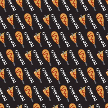 Sokak Yemeği Sosisli Çubuğu Şekersiz Çubuk Şekerlemesi. Şiş soslu karikatür mısırlı sosislerin kusursuz vektör şablonu. Yemek, atıştırma barı ya da fast food temalı tasarımlar için mükemmel..