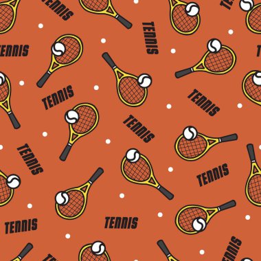 Turuncu 'da oyuncu tenis raketi ve top deseni. Toplu sarı tenis raketleri, spor, tenis ve aktif giysi temalı tasarımlar içeren kusursuz çizgi film vektör deseni..