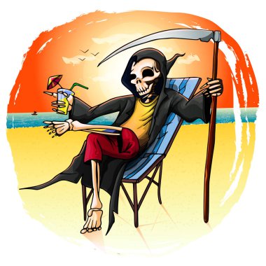 death on vacation on the beach in a raincoat on a deck chair, eps 10 clipart