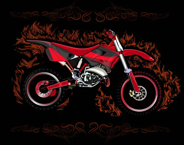 污垢自行车在红色火焰在一个黑色背景与模式 — 图库矢量图片