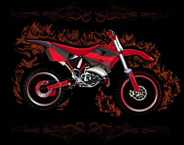 Moto Suciedad Llamas Rojas Sobre Fondo Negro Con Patrón — Vector de stock