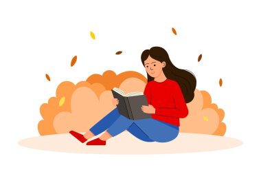 Sonbaharda açık havada kitap okuyan genç bir kadının vektör çizimi. Düşen yaprakları, mevsimlik arka planı ve rahat yaşam tarzı konsepti olan düz bir tasarım. Eğitim ve sonbahar temaları için mükemmel.