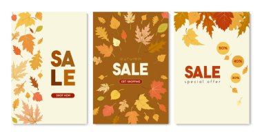 Renkli sonbahar yapraklı sonbahar satışı afişleri, mevsimsel alışveriş için indirim şablonları, Şükran Günü, Kara Cuma, Siber Pazartesi, perakende tanıtım ve pazarlama tasarımı.