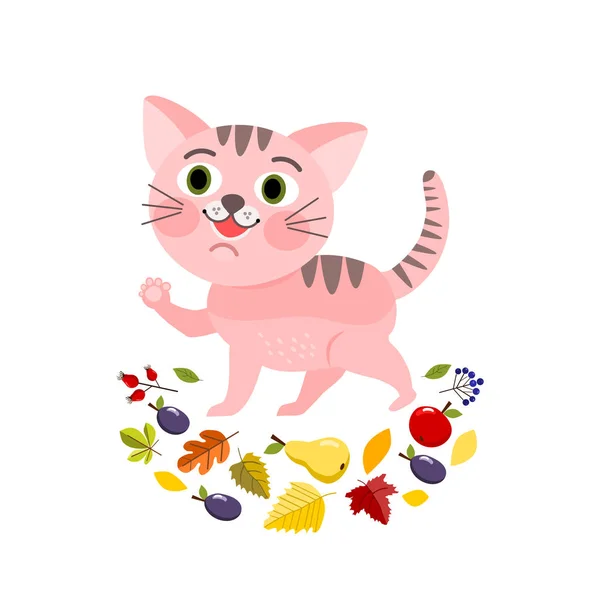 Pink Little Cat Autumn Leavess Fruits Autumn Greeting Card Vector — Stock Vector