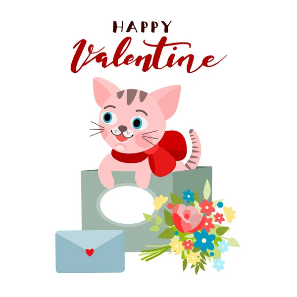 Valentine Cat Greeting Card Vector Illustration — Stock Vector