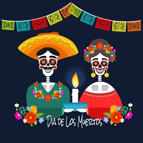Mexická Dia Los Muertos Den Smrti Kostry Pár Svíčka Blahopřání — Stockový vektor