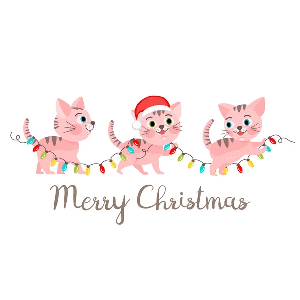 Ilustracja Wektorowa Trzy Małe Koty Różowy Świąteczne Życzeniami — Wektor stockowy