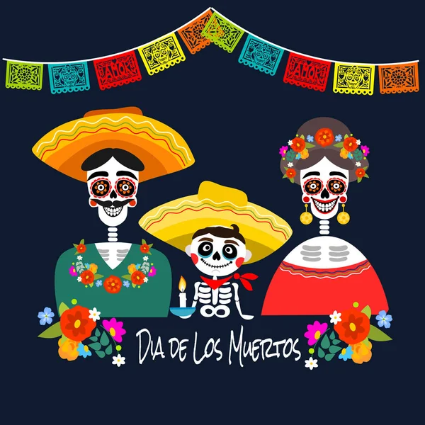 Mexikanska Dia Los Muertos Dag Döda Skelett Familj Gratulationskort Vektor — Stock vektor