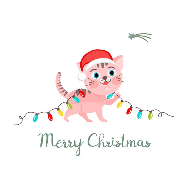 Küçük Kedi Noel Baba Nın Şapka Topları Noel Vektör Tebrik — Stok Vektör