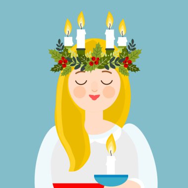 Çiçek çelenk ve mum taç, İsveçli Noel geleneği, vektör çizim ile Saint Lucia.