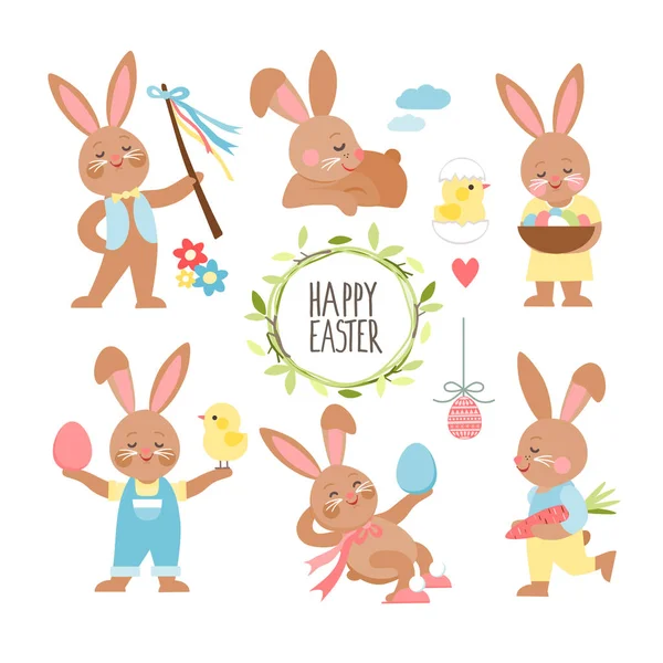 Conjunto Conejos Pascua Ilustración Vectorial — Vector de stock
