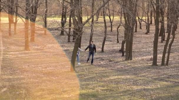 恋人たちのペアは、春先に公園を散歩します。 — ストック動画