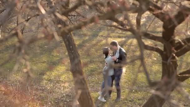 Пара влюбленных гуляет по парку ранней весной — стоковое видео