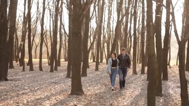 Pareja enamorada camina por el bosque a principios de primavera en un ambiente romántico — Vídeos de Stock