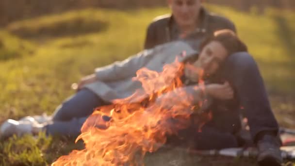 Une paire d'amoureux s'assoient ensemble près d'un feu dans la nature. passe-temps romantique — Video