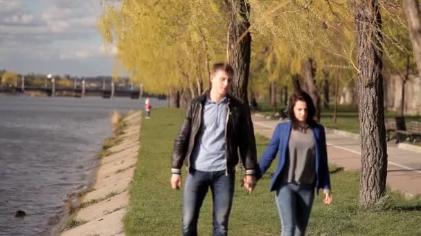 Älskare promenad i parken nära sjön — Stockvideo