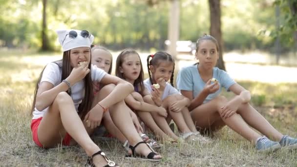 Τα παιδιά κάθονται στο χορτοτάπητα στη φύση, να κοινωνικοποιηθούν και να φάει τα μήλα — Αρχείο Βίντεο