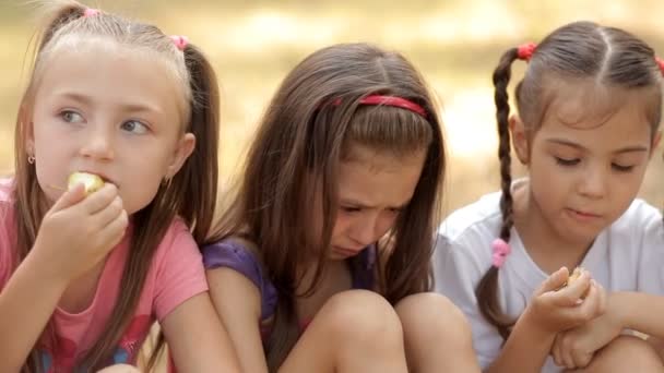 Kinderen besteden tijd op het grasveld in het park, appels eten. Eén kind werd boos en beledigd — Stockvideo