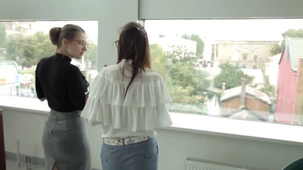 Zwei junge Business-Girls trinken Kaffee am Fenster im Business Center und kommunizieren miteinander. Arbeit, Kaffee, Mittagessen — Stockvideo