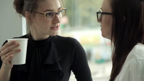 Duas meninas de negócios que trabalham em um banco bebem café pela janela e se comunicam durante o almoço.Trabalho, café, comunicação, pausa, descanso — Vídeo de Stock