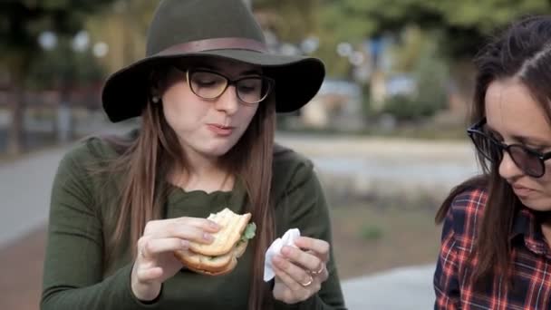 Meninas engraçadas passam tempo no parque, rir e comer sanduíche. Dia de sanduíche, férias — Vídeo de Stock