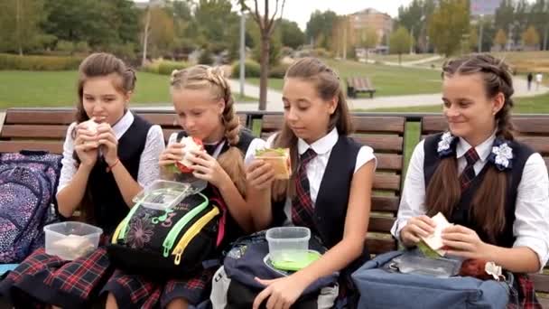 As crianças de uniforme escolar no parque ao almoço comem sanduíches. Sanduíche de férias — Vídeo de Stock